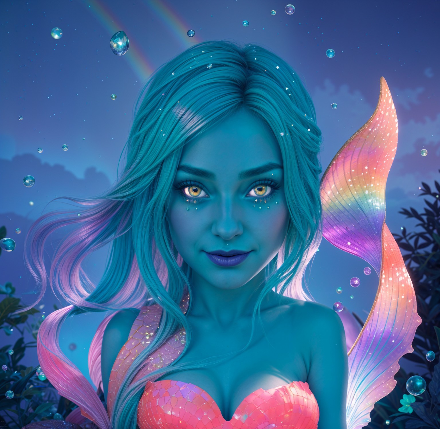 Mystical Blue-Skinned Mermaid with Rainbow Wings