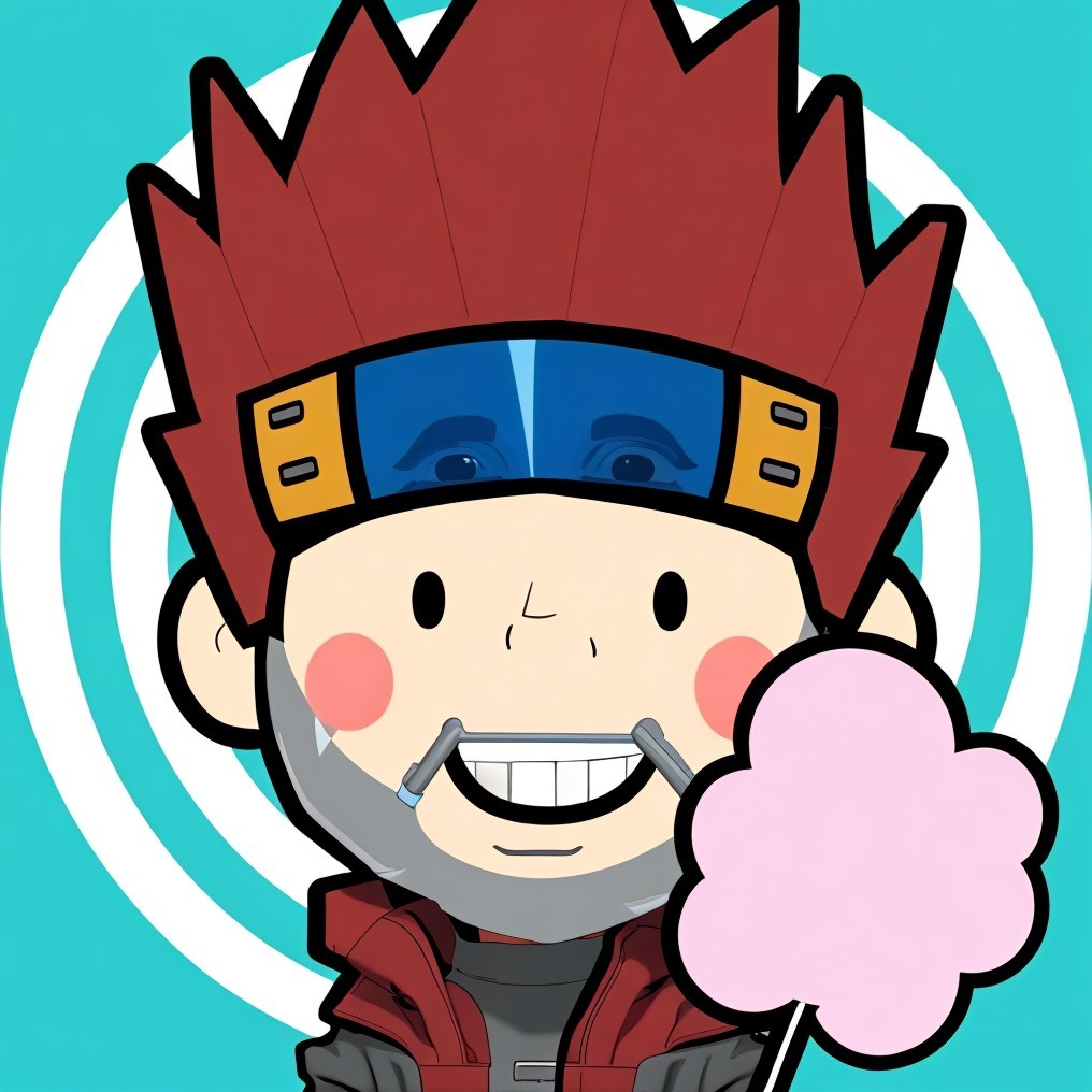Cartoon character with spiky red hair and cotton candy