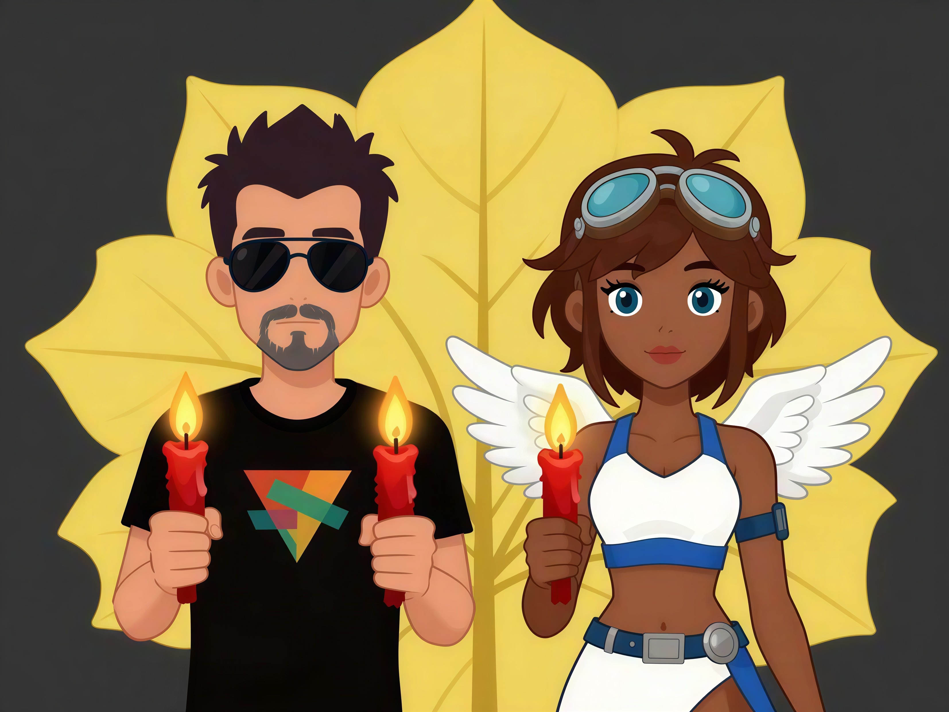 Cartoon Figures with Candles and Large Leaf Illustration