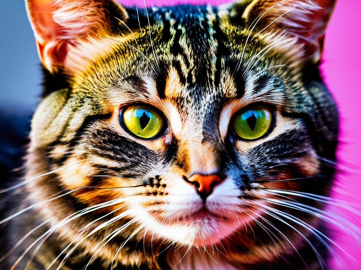 Close-Up of a Multicolored Cat with Green Eyes