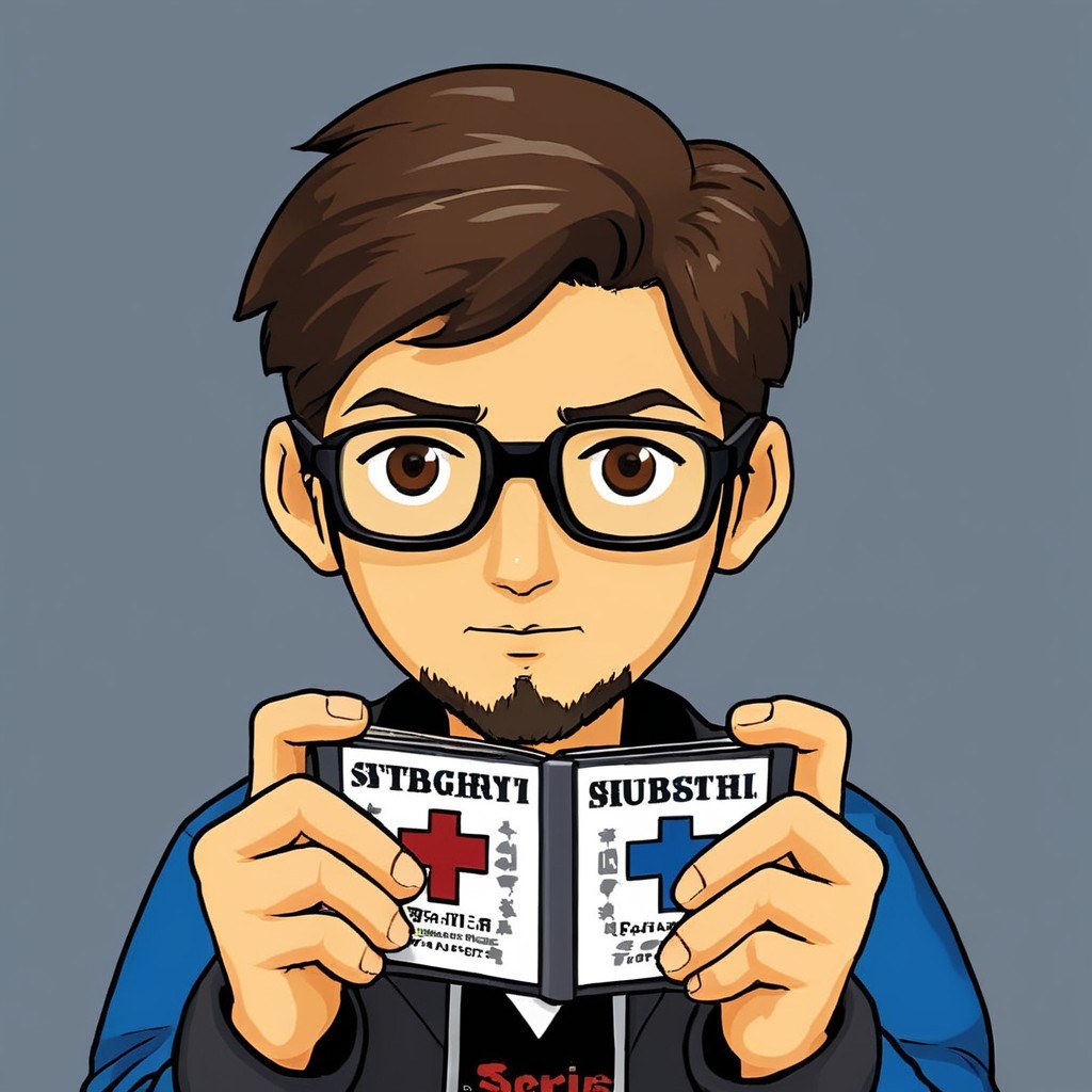 Cartoon Character with Glasses Holding Illustrated Book