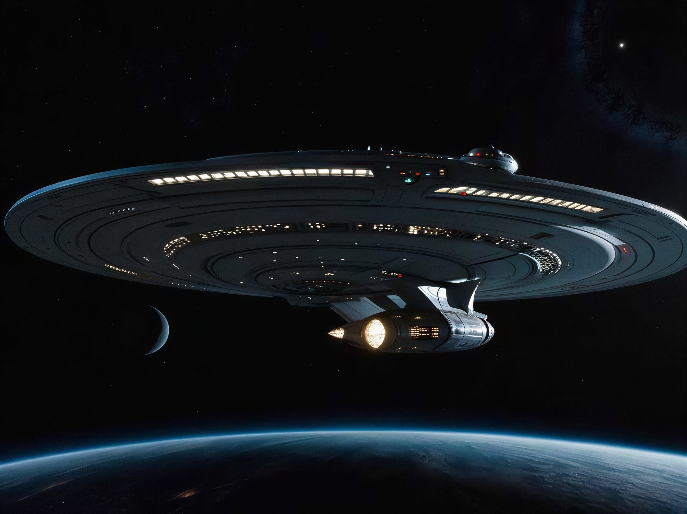 Futuristic spaceship above Earth-like planet and moon