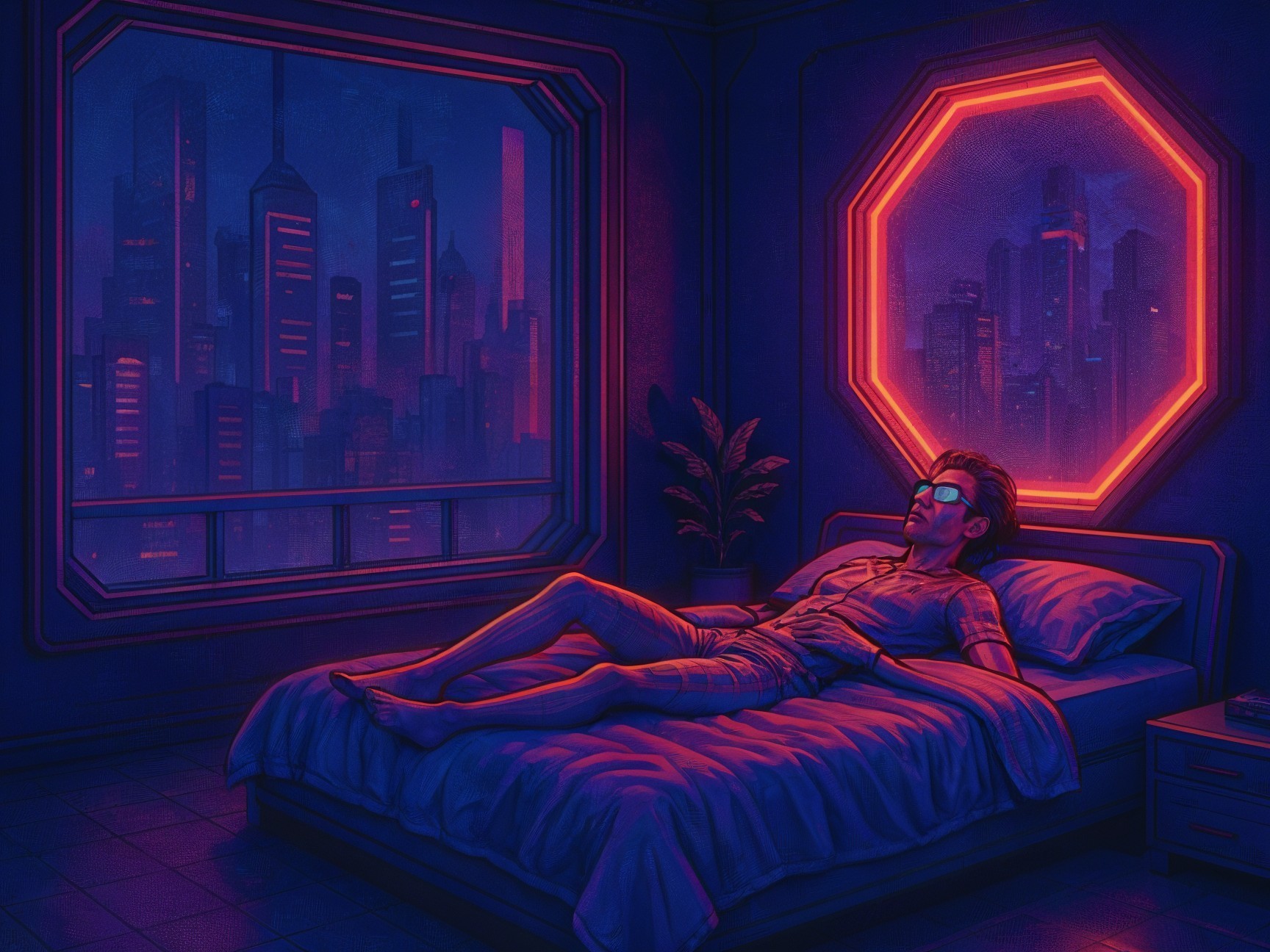 Futuristic Room with Neon Reflections and Urban View