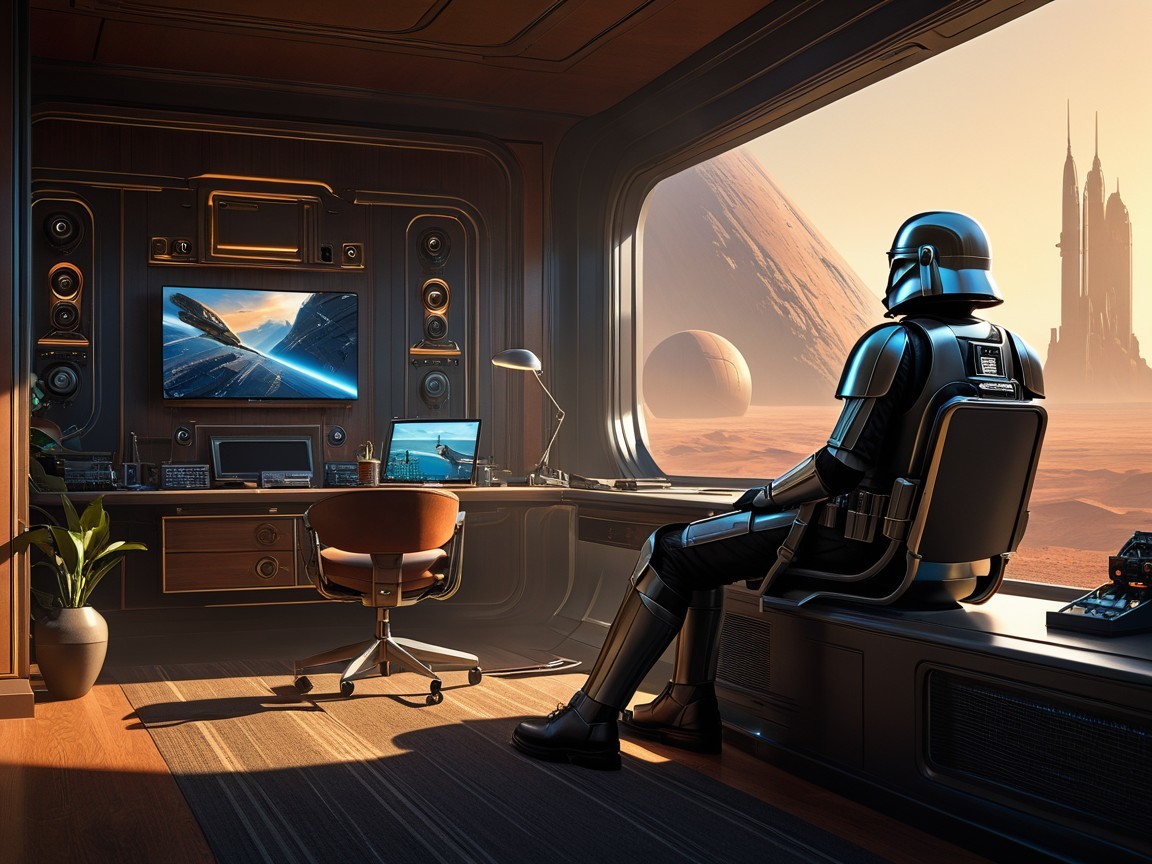 Futuristic Room with Armor Figure and Alien Landscape
