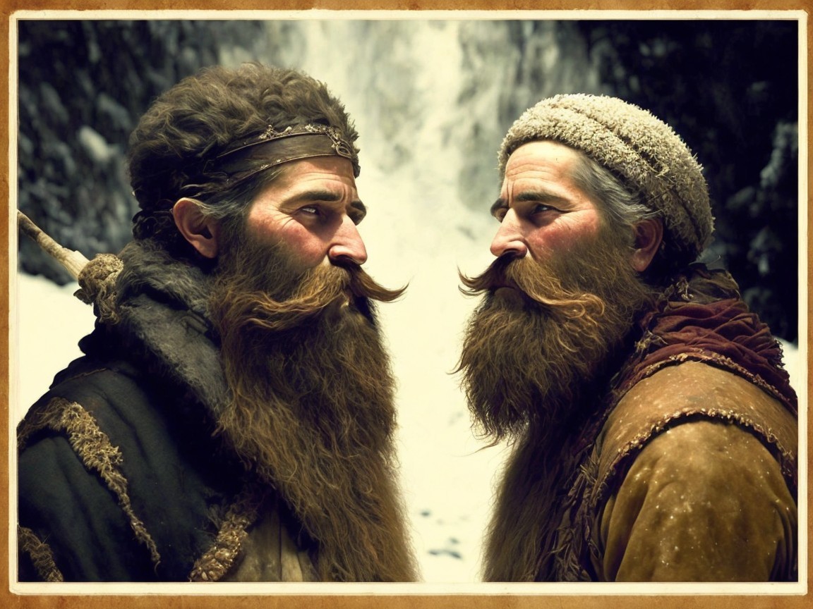Mountain Men in Snowy Landscape with Intense Expressions