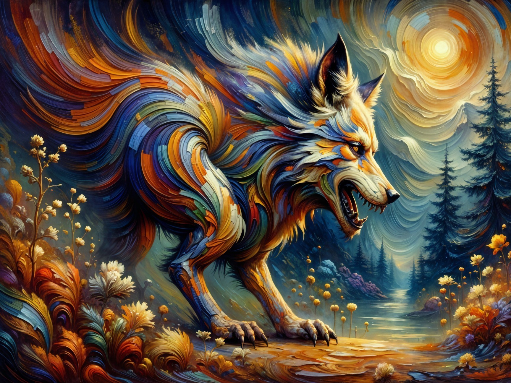 Abstract Wolf in Colorful Landscape with Water and Sun