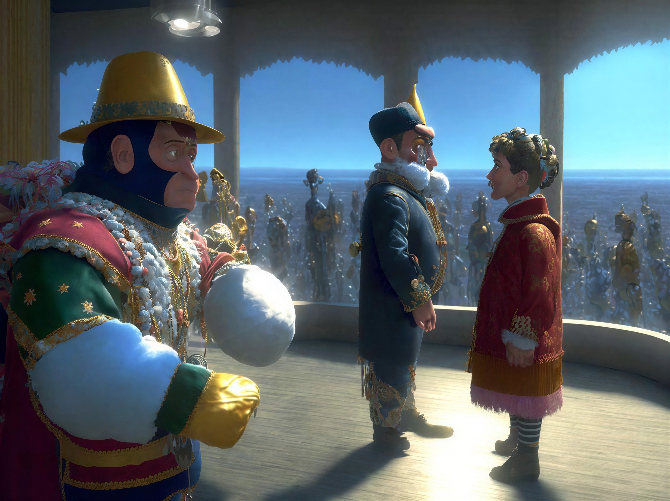 Three Cartoonish Figures on a Balcony Overlooking Water