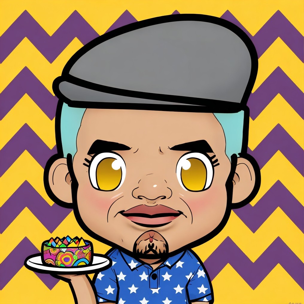 Vibrant Cartoon Character with Cupcake and Zigzag Background