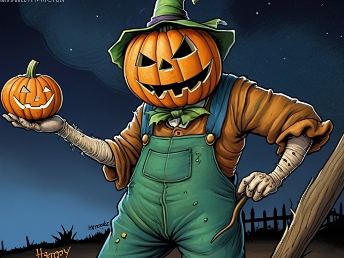 Whimsical Scarecrow with Pumpkin Head in Moonlight