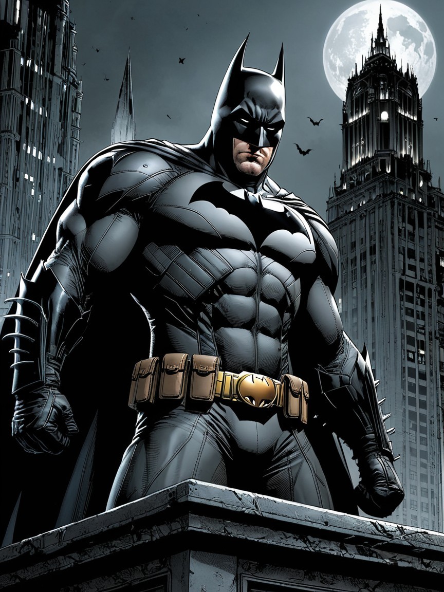 Batman on Rooftop Overlooking Gotham City at Night
