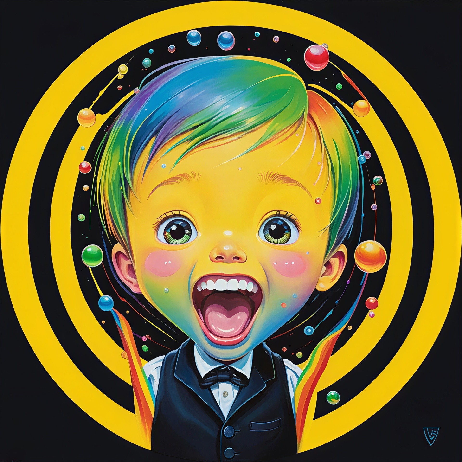 Hyperrealistic Painting of Joyful Baby Boy with Colors