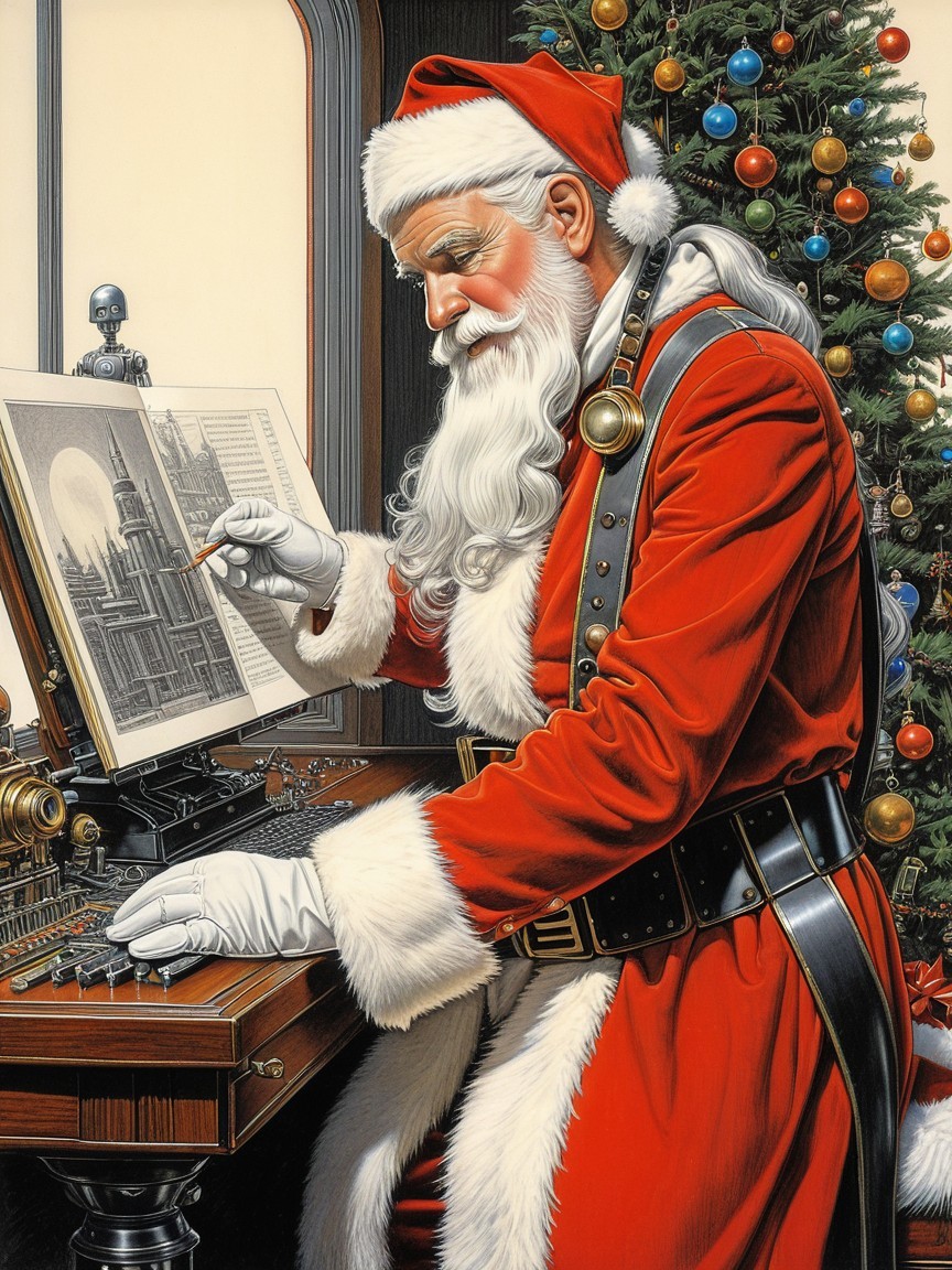 Santa Claus Drawing Cityscape at Steampunk Desk