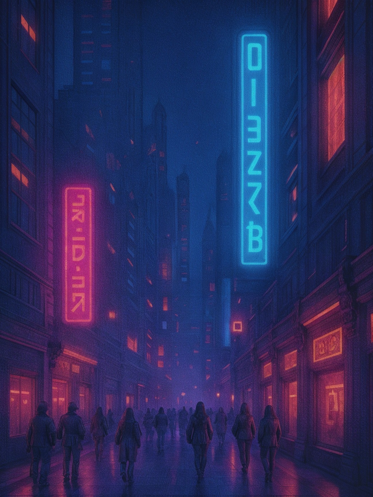 Urban street at night with neon lights and shadows