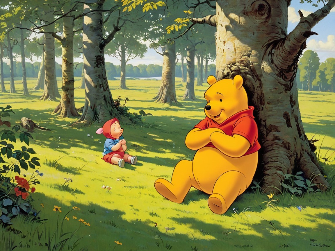 Pooh Bear and Piglet in a Sunlit Forest Setting