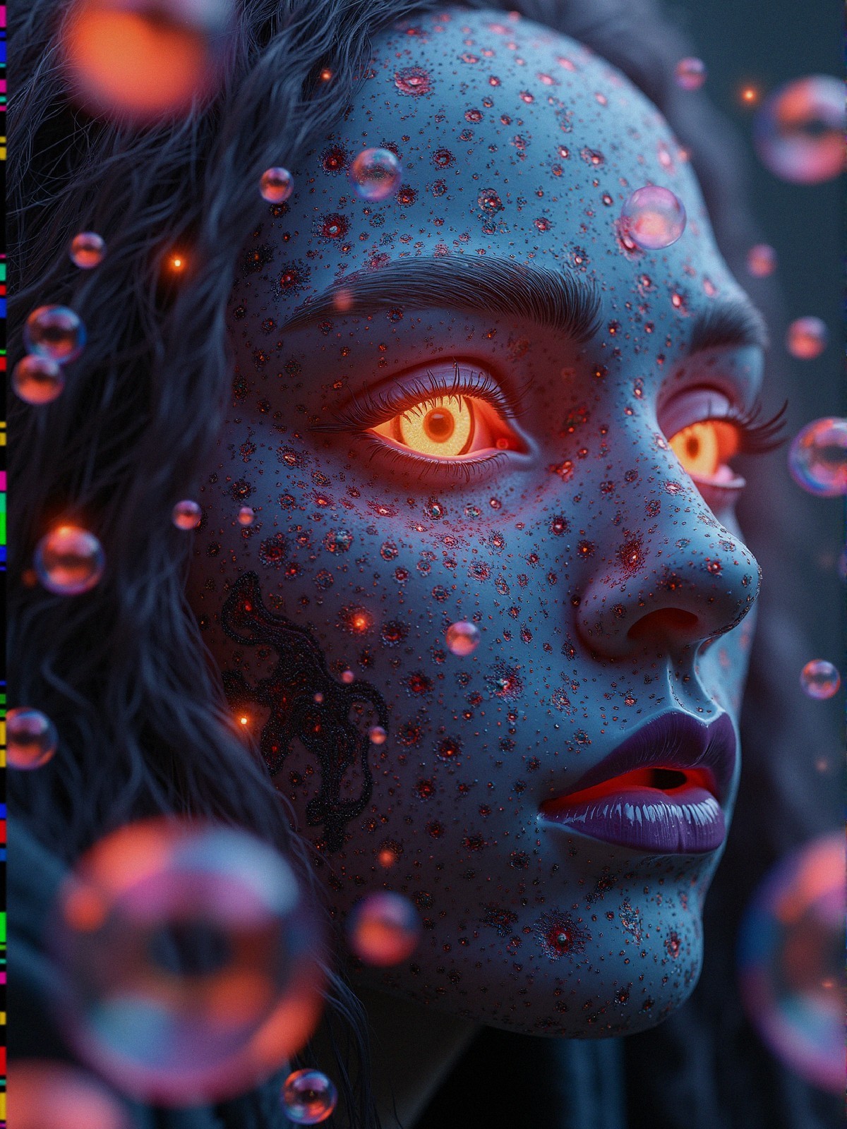 Close-Up of Female Face with Orange Eyes and Bubbles