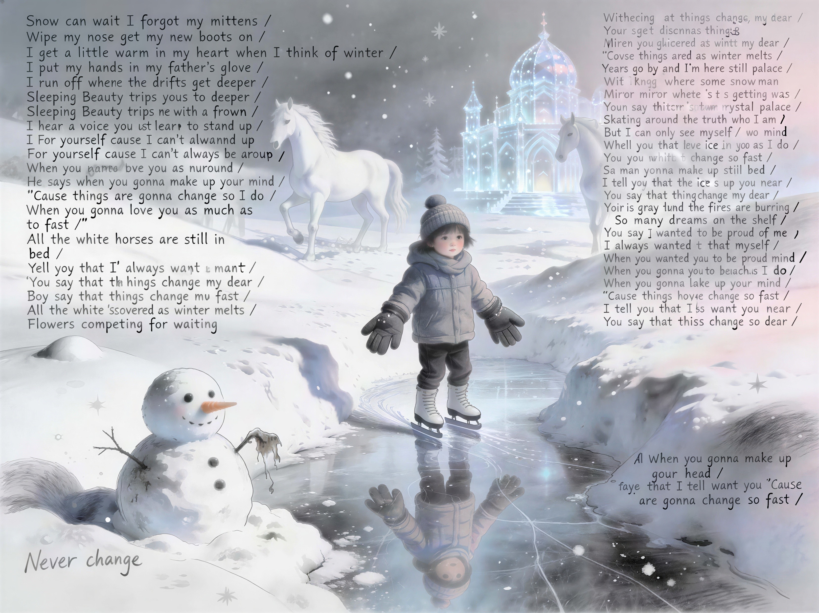 Whimsical Winter Scene with Child Ice Skating and Horses