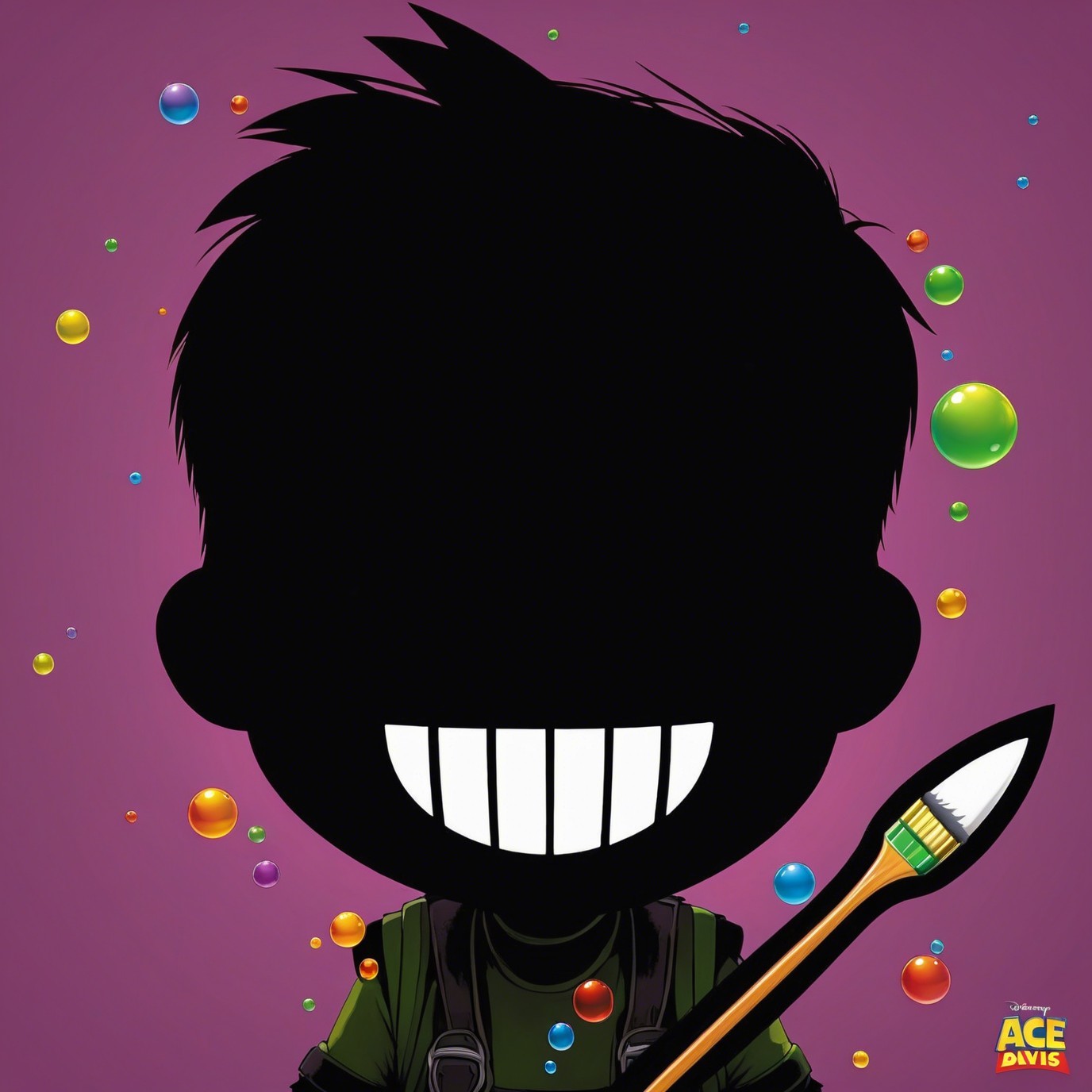 Cartoon Character with Black Silhouette and Colorful Bubbles