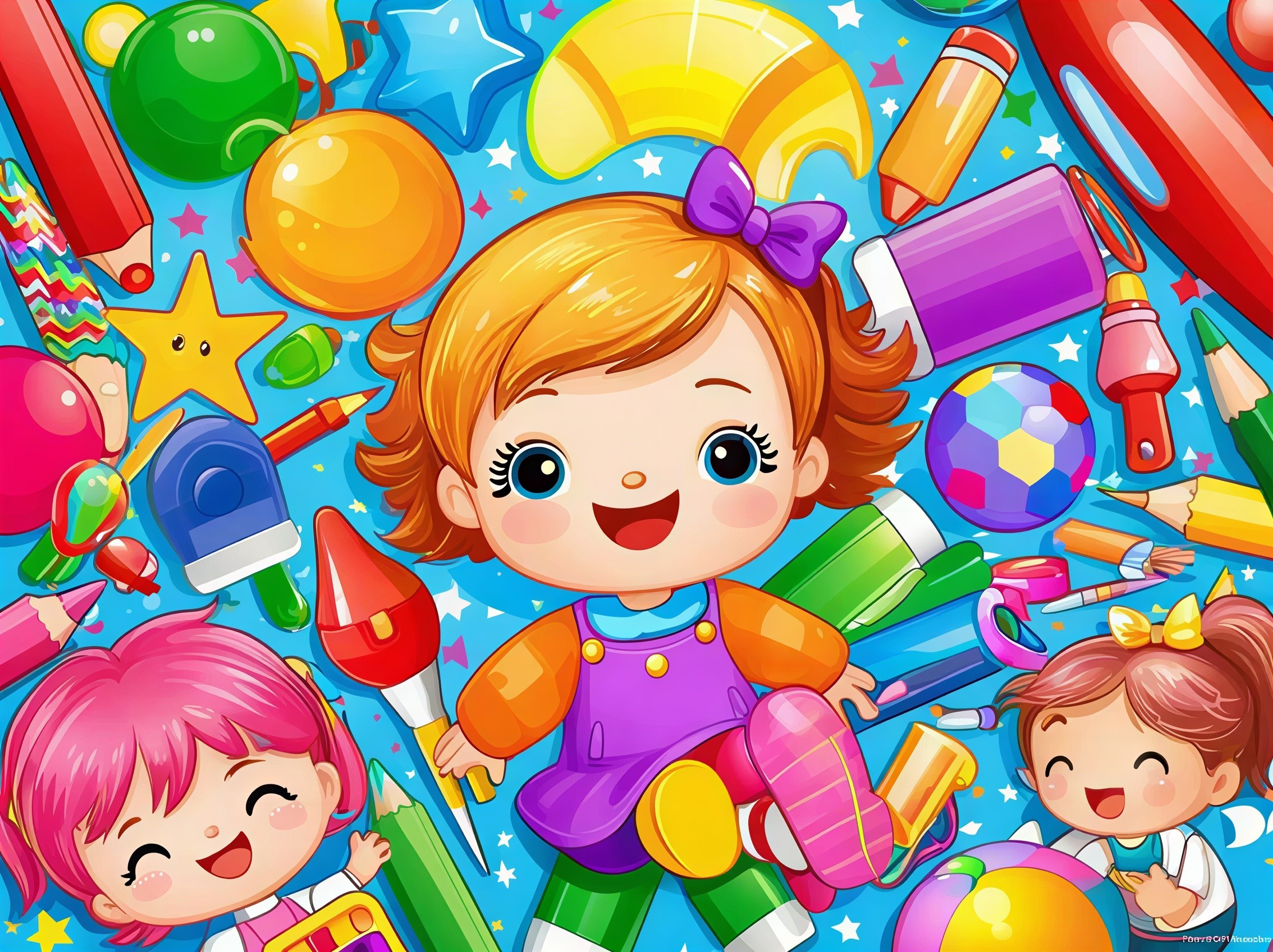 Cartoon Toddler Girls Surrounded by Colorful Toys