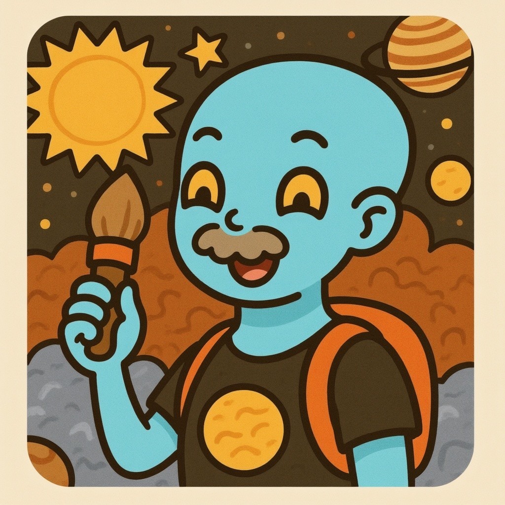 Blue-skinned alien child with paintbrush in space scene