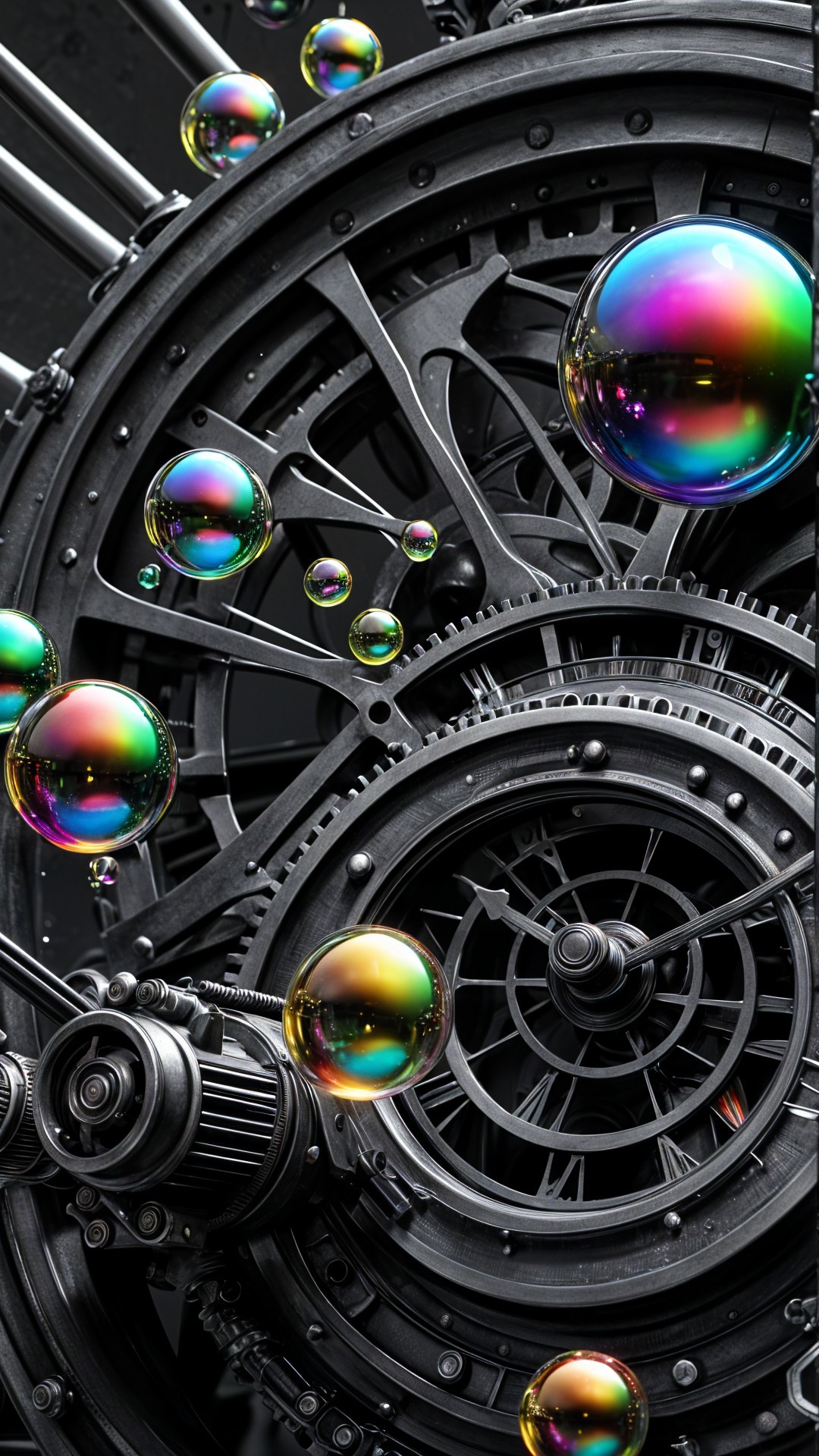 Intricate Mechanical Clockwork with Colorful Bubbles