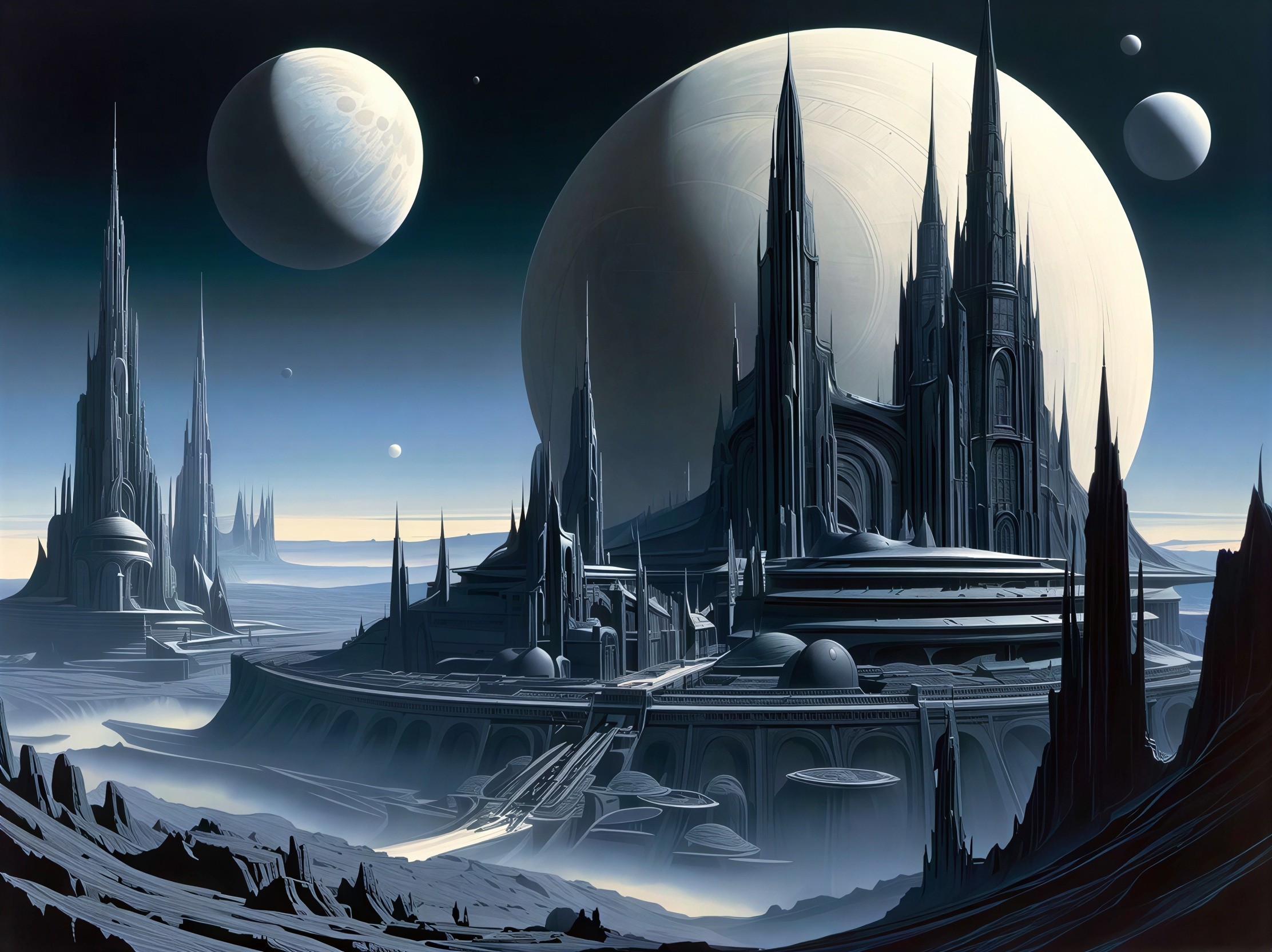 Futuristic abandoned alien city with gothic structures