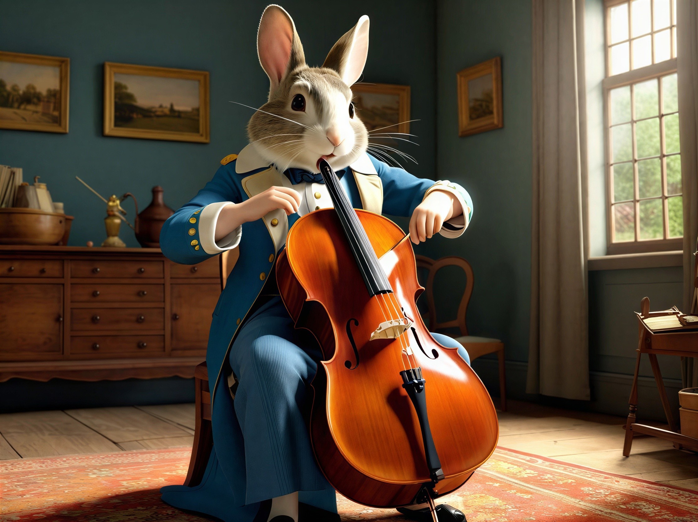 White Rabbit in Tailcoat Playing Cello in Room Setting