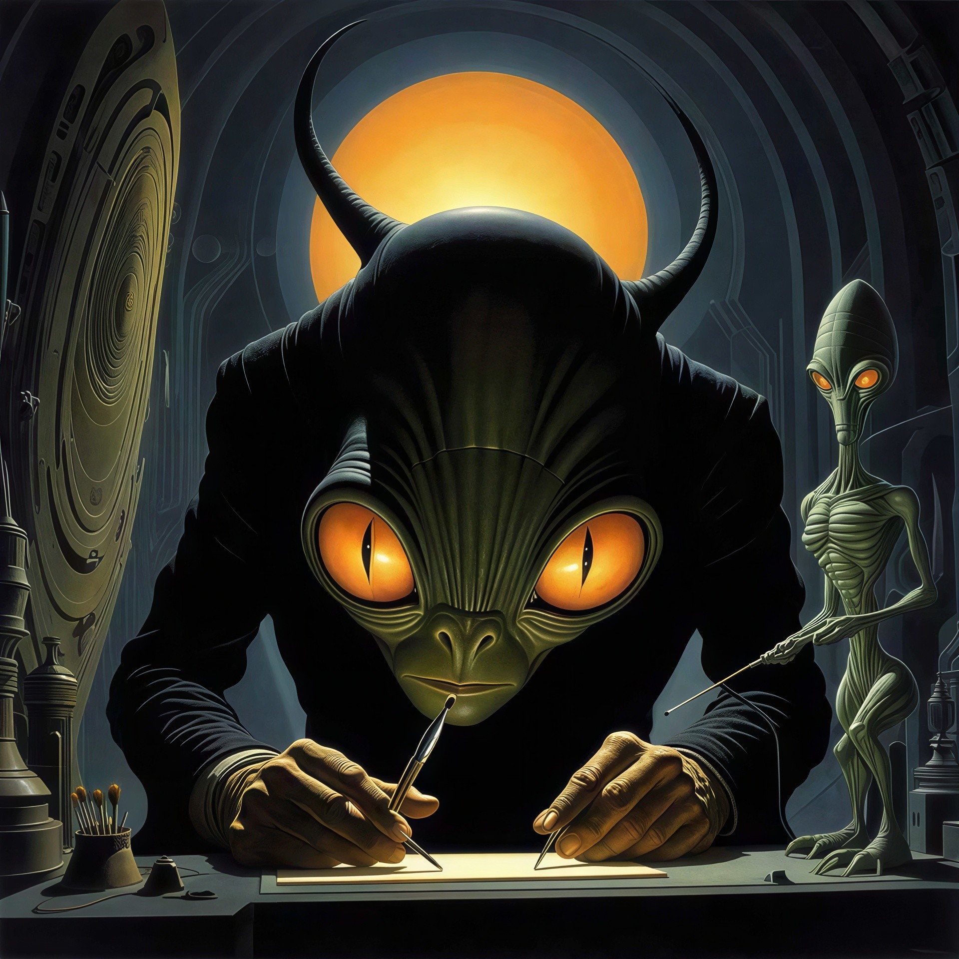 Reptilian Creature Writing in Dark Futuristic Room