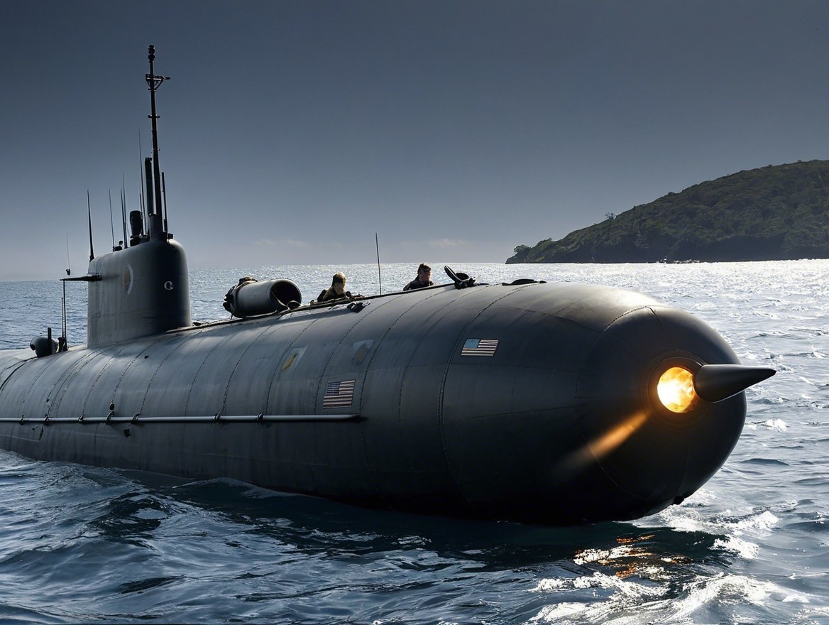 Dark Submarine Surfaces in Calm Waters with Mountains