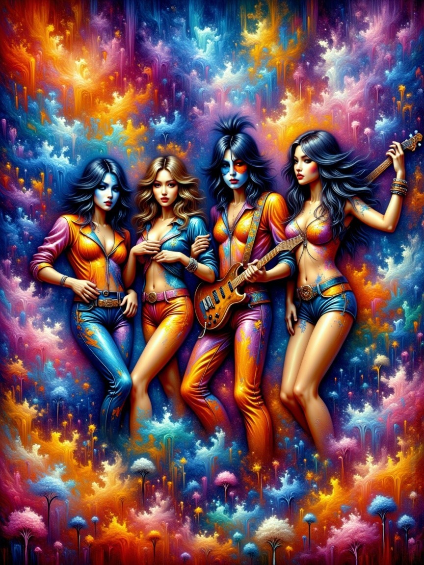 Four Women in Colorful Outfits Against Abstract Background