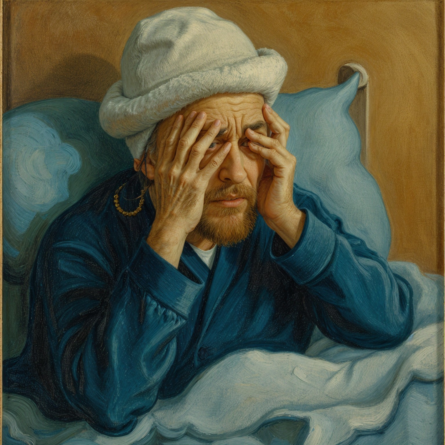 Man in Bed Expressing Distress in Blue Robe