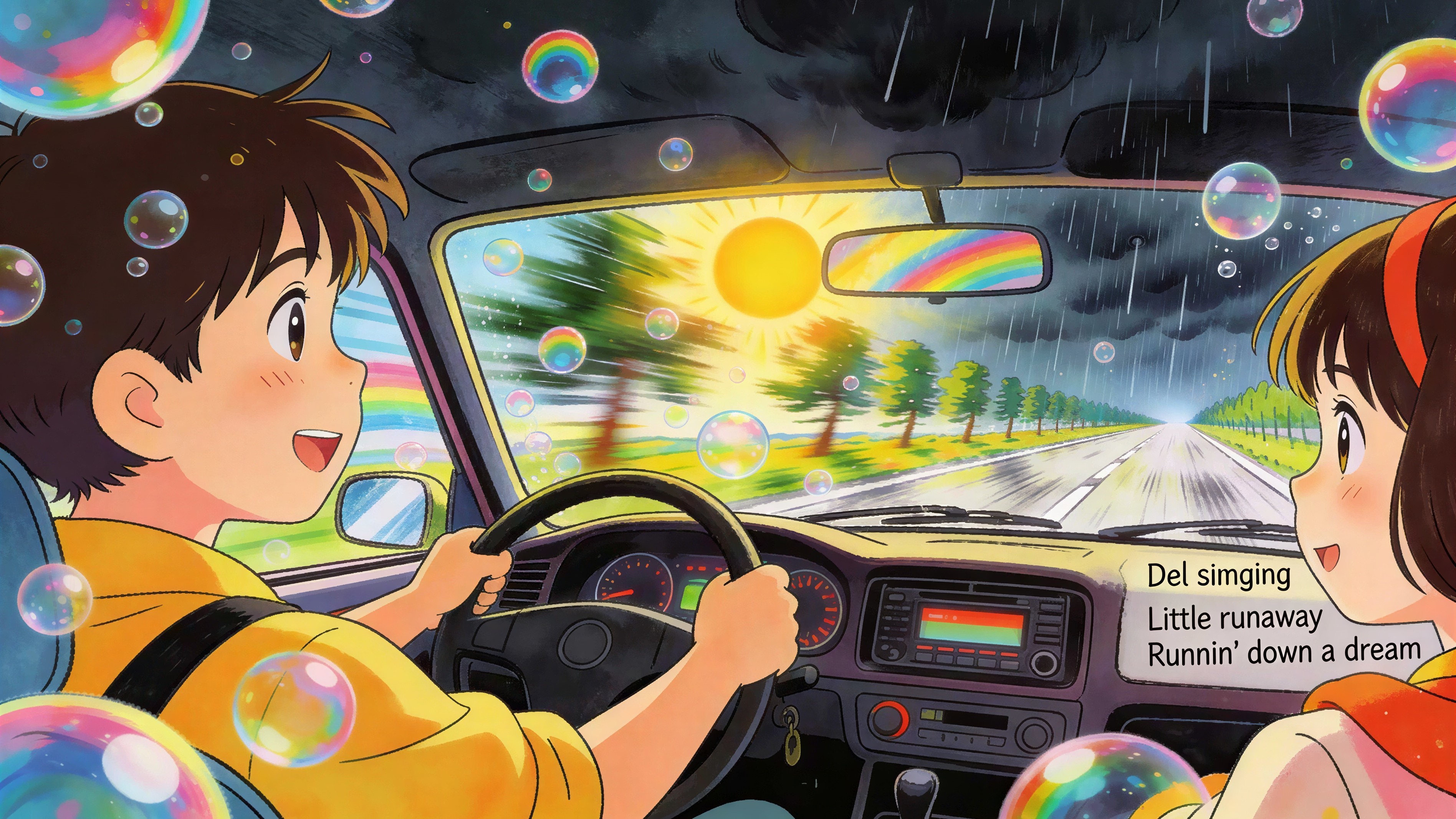 Anime Style Car Interior with Sunny and Rainy Skies