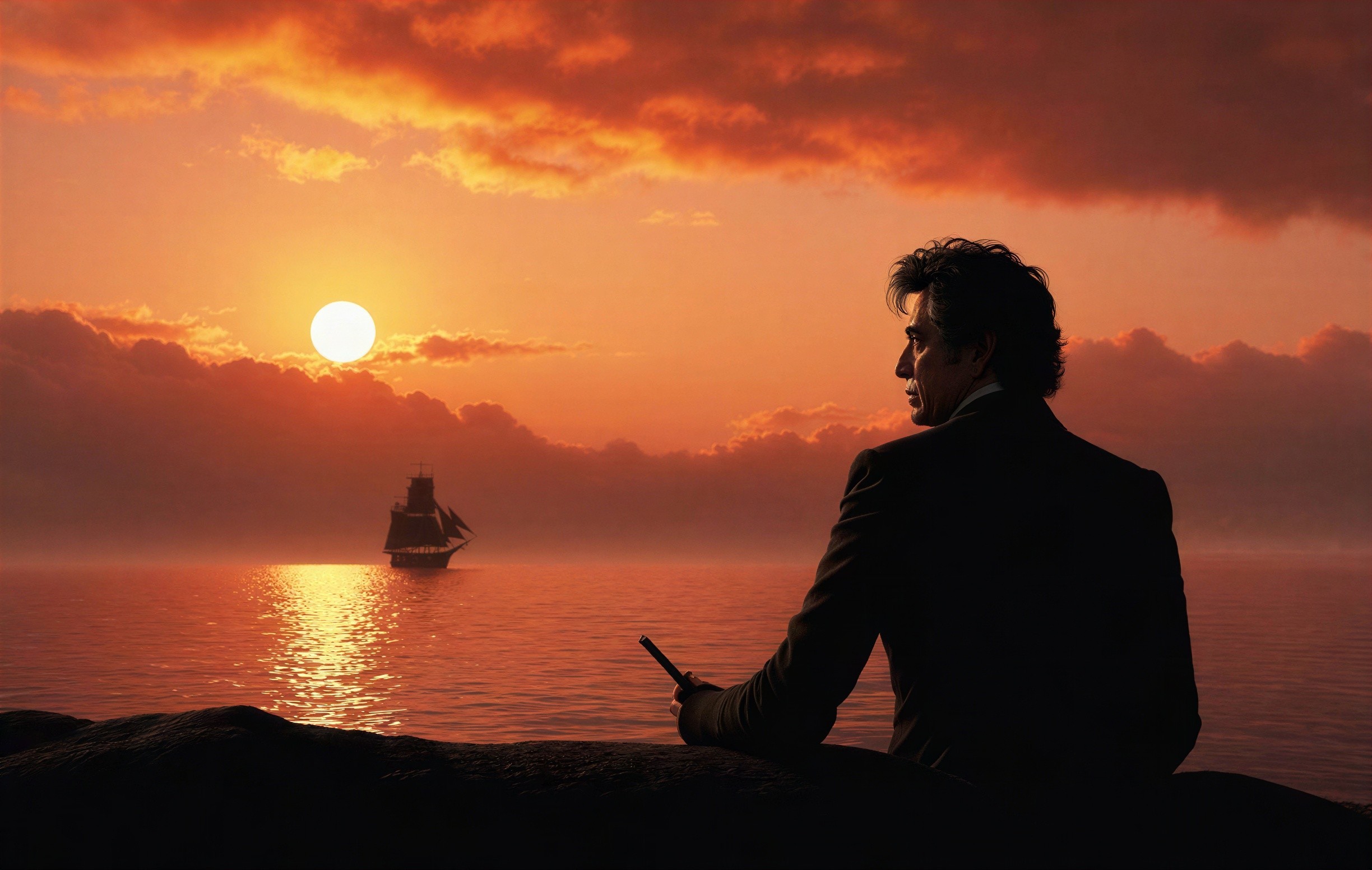 Dreamlike Illustration of Man by Water at Sunset