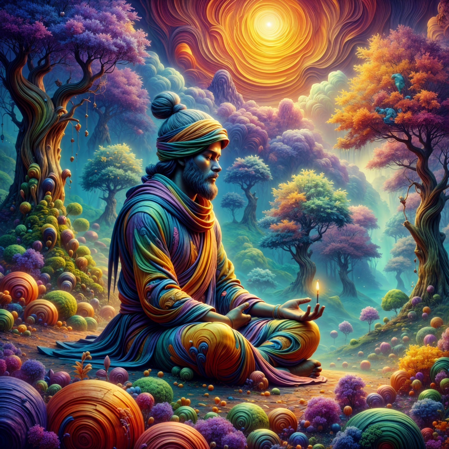 Surreal Landscape with Meditative Figure and Flame