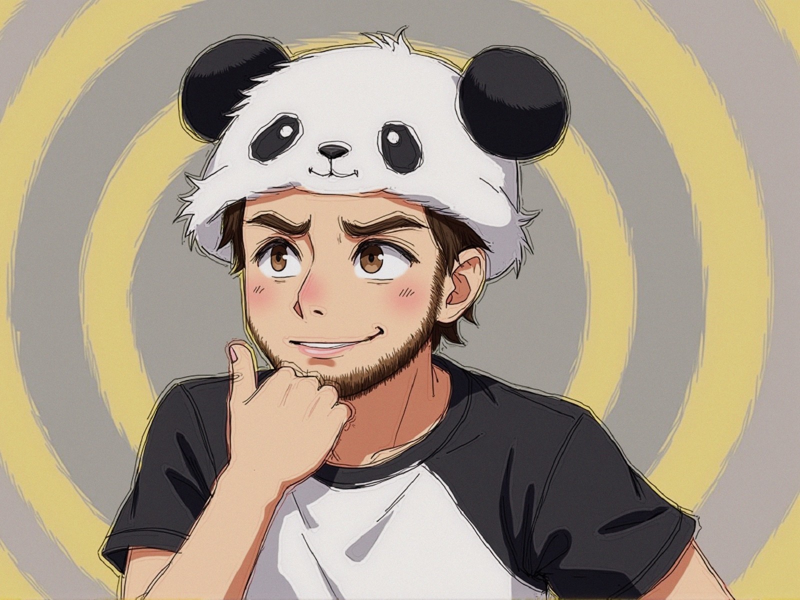 Young man in panda hat with playful expression