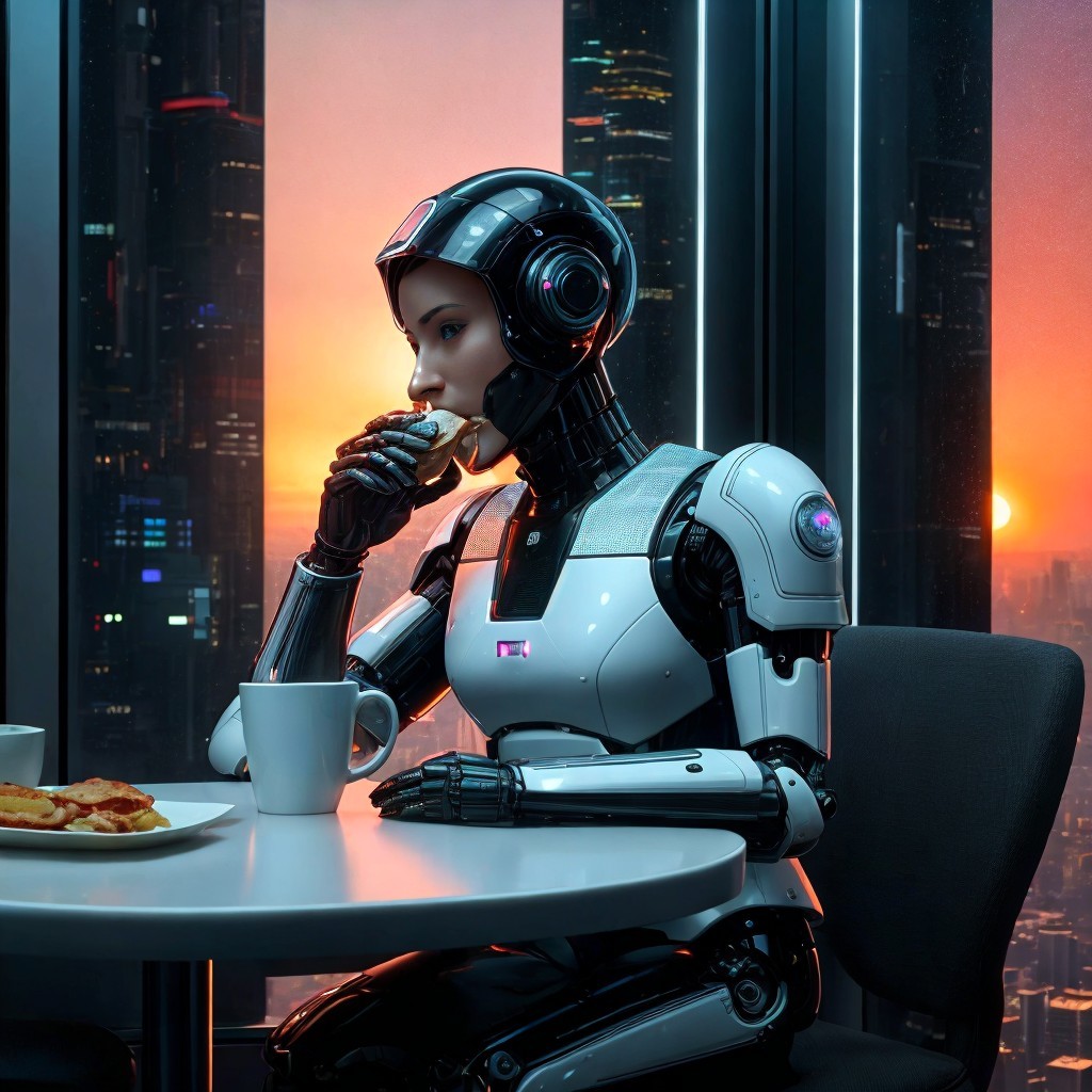 Humanoid Robot at Table with Sunset Cityscape Background