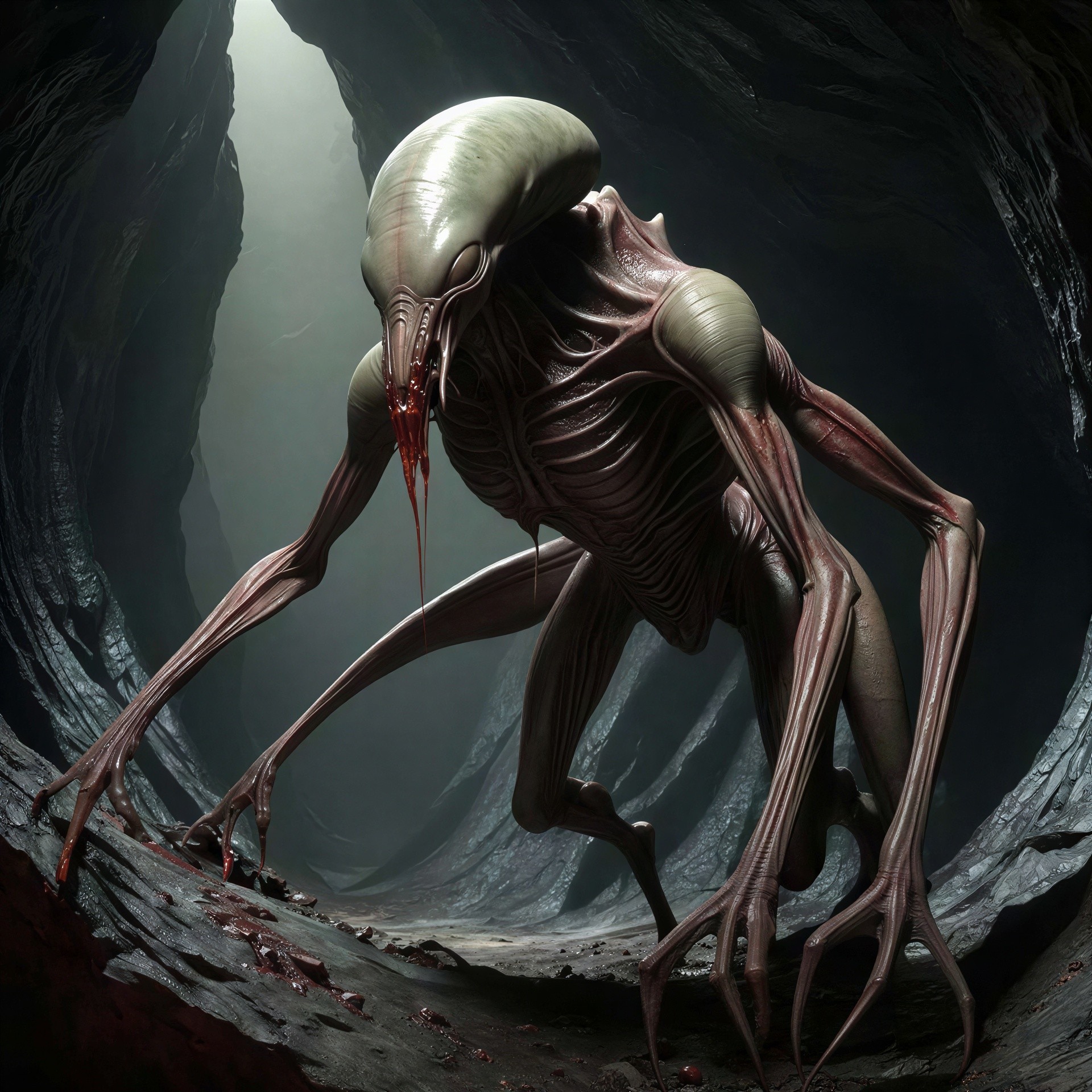 Terrifying Creature with Elongated Head and Clawed Limbs