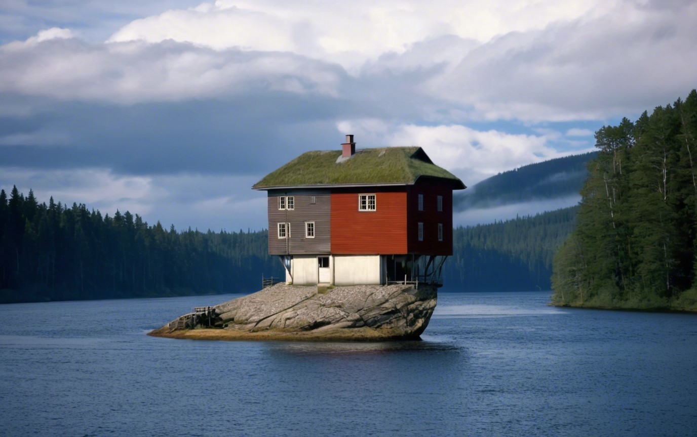 House with Moss Roof by Calm Dark Blue Lake