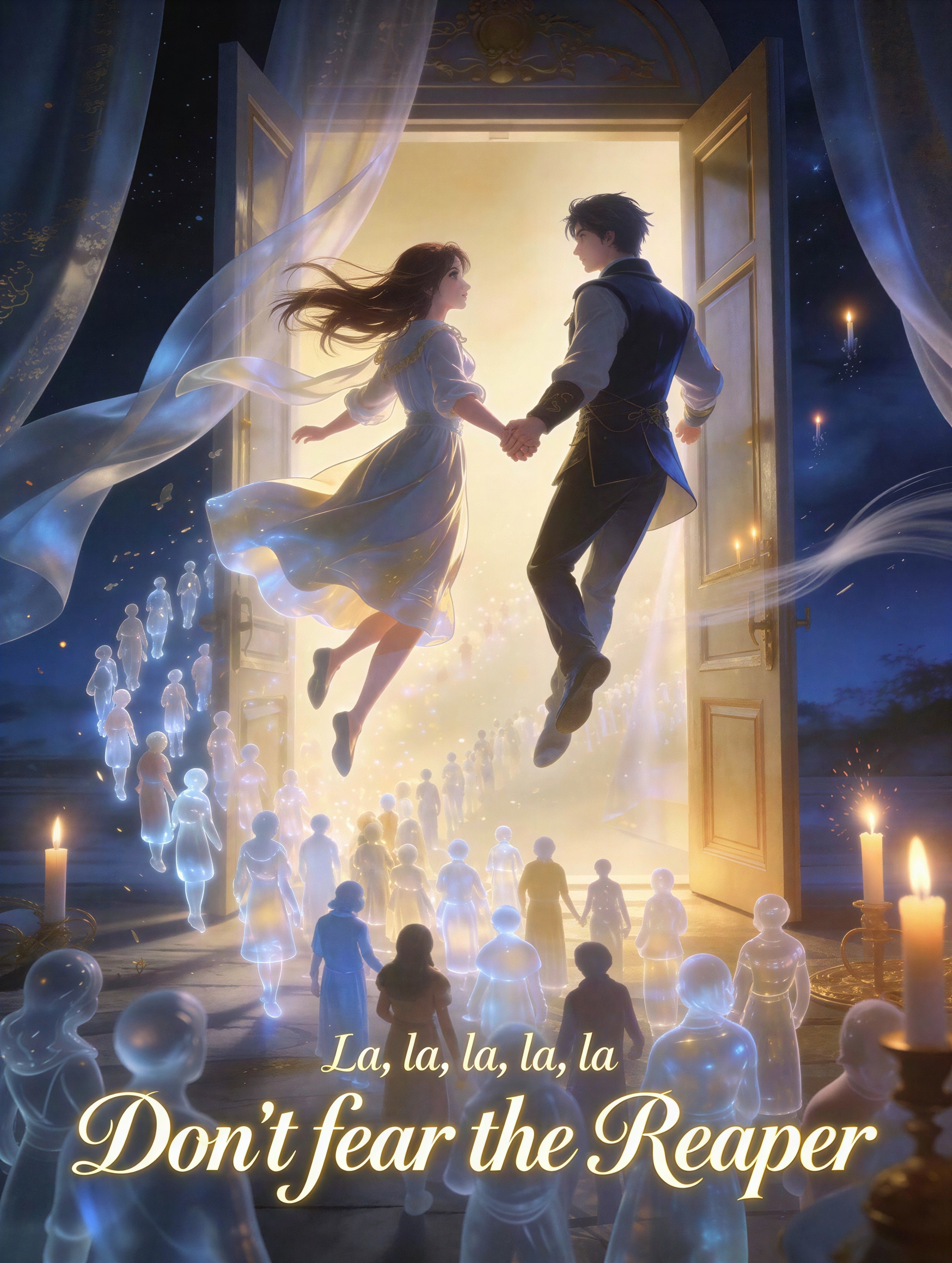 Luminous Couple Floating Towards a Bright Doorway