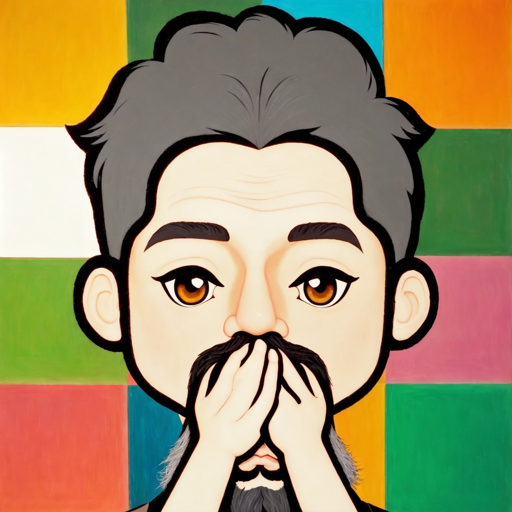 Cartoon Character with Dark Hair and Colorful Background