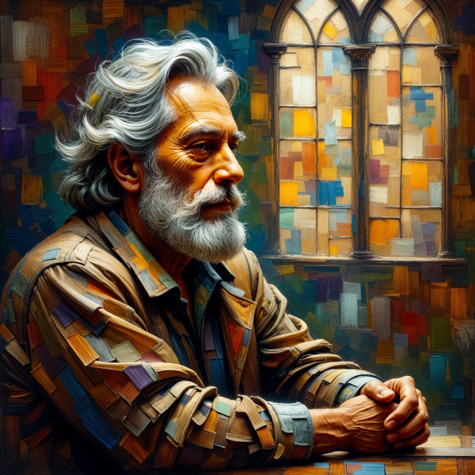 Profile of a Thoughtful Man with Stained Glass Background