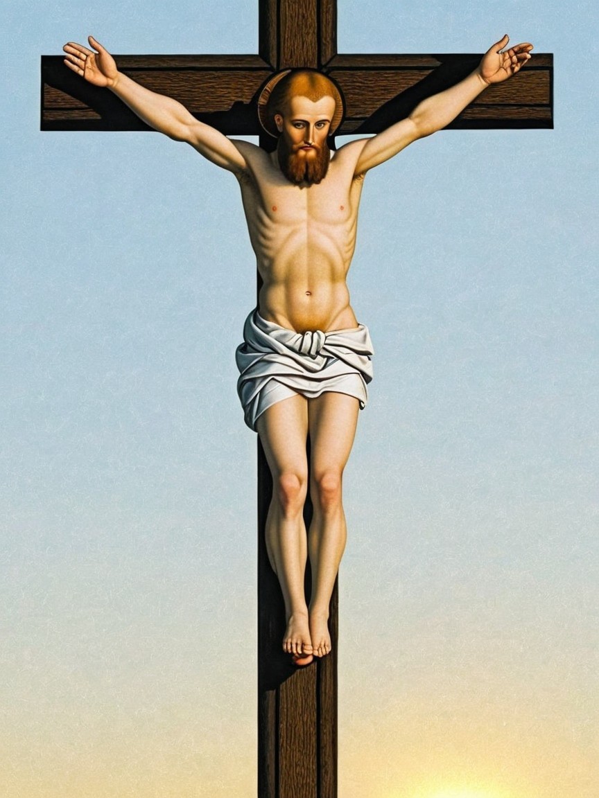 Crucifixion Scene with Serene Figure on Wooden Cross