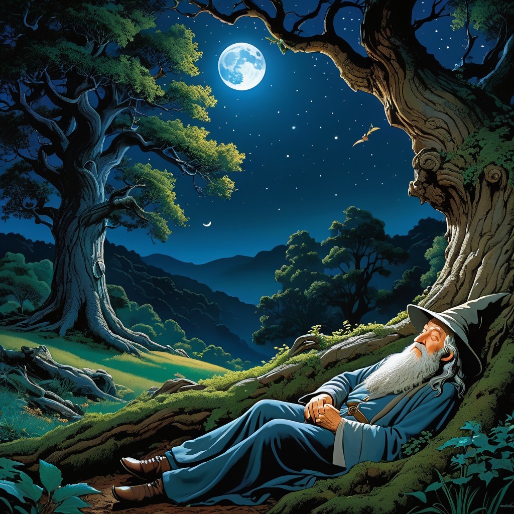 Wizard Sleeping Under Moonlight in Enchanted Forest
