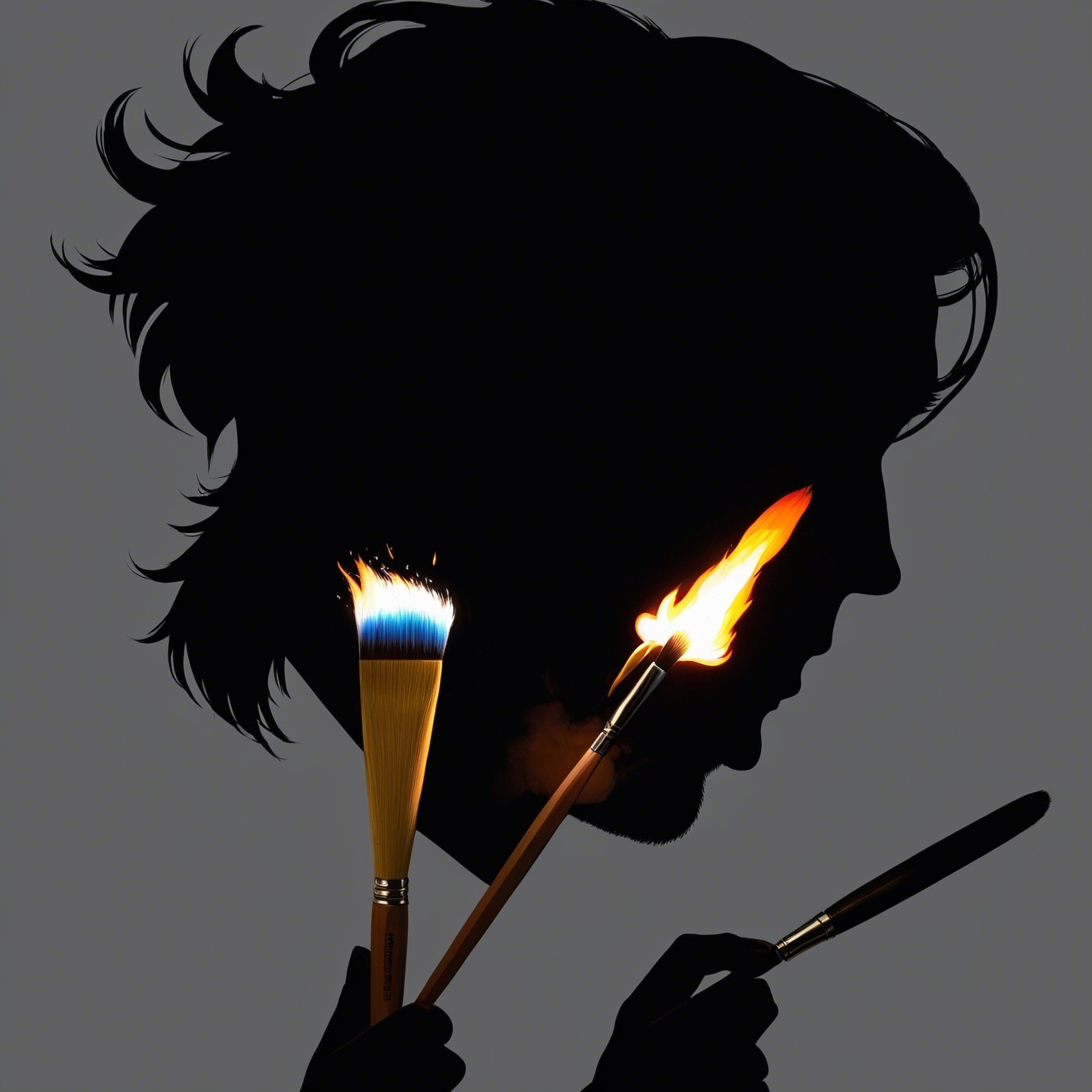 High-Contrast Silhouette with Paintbrushes and Flame
