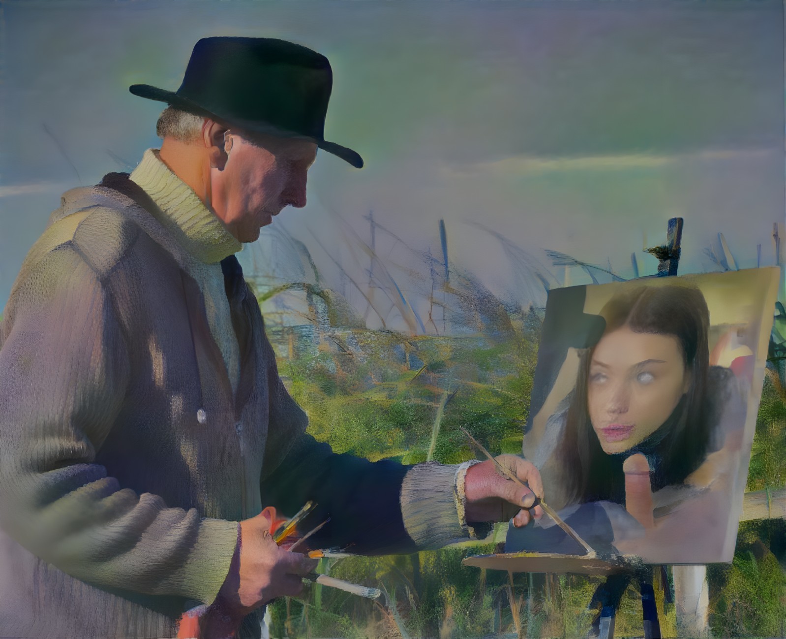 Painter in a Grassy Field Capturing a Dreamy Scene