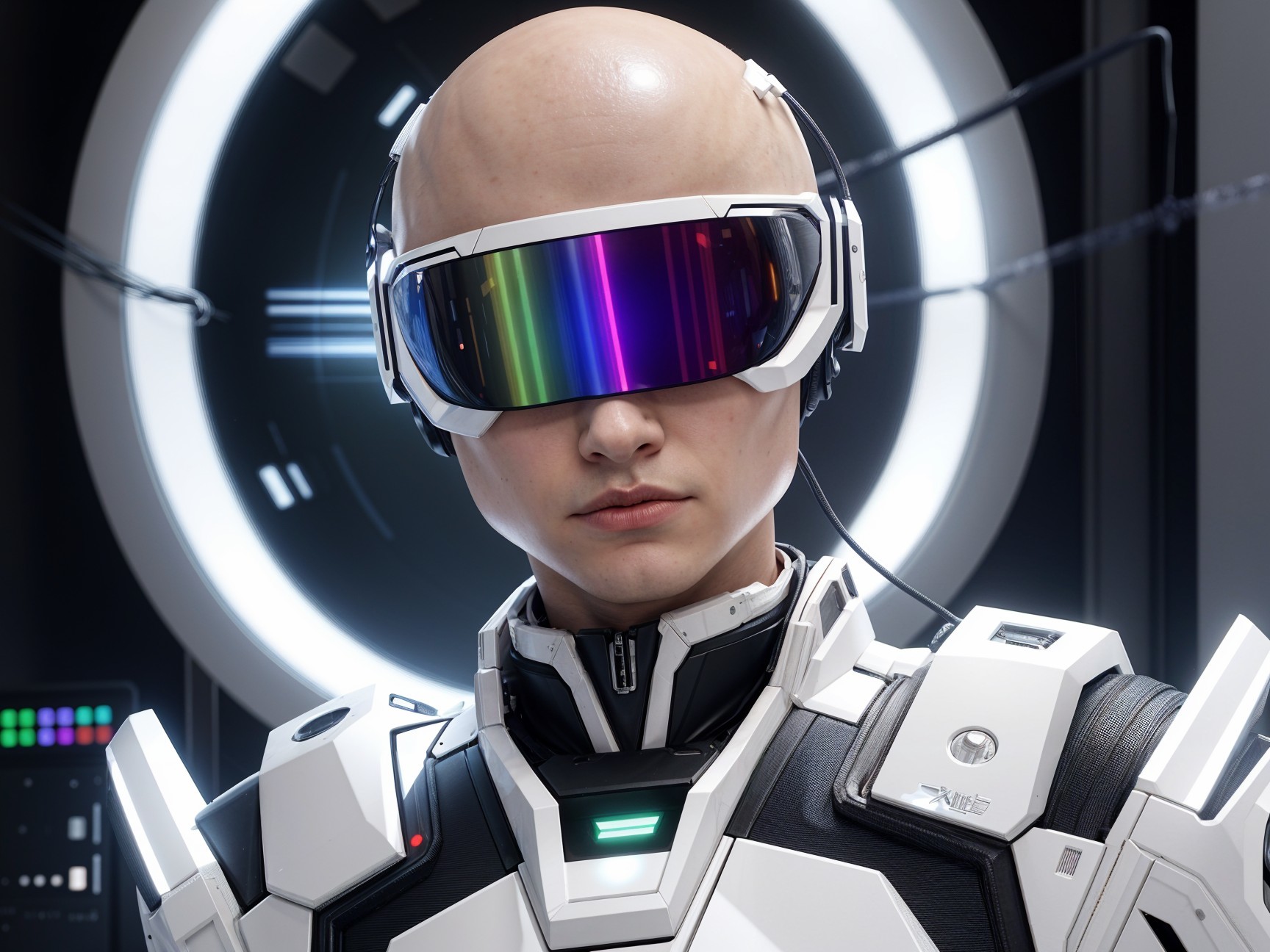 Futuristic humanoid figure in high-tech attire and goggles