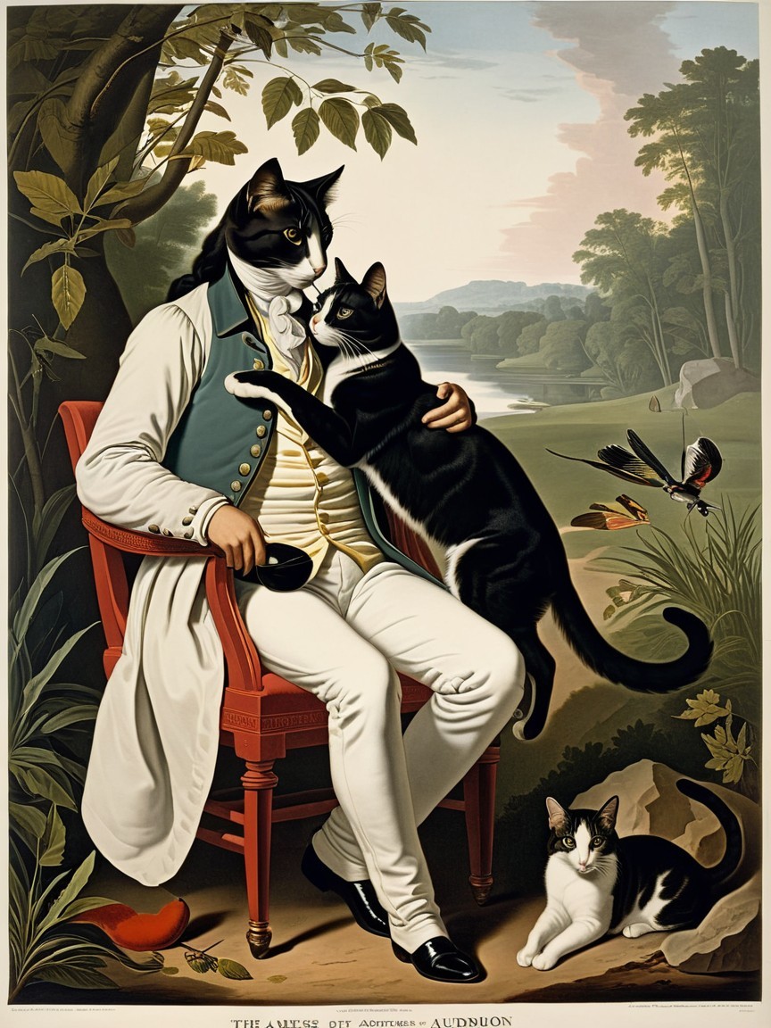 Whimsical Artwork of Man with Cats in Serene Setting