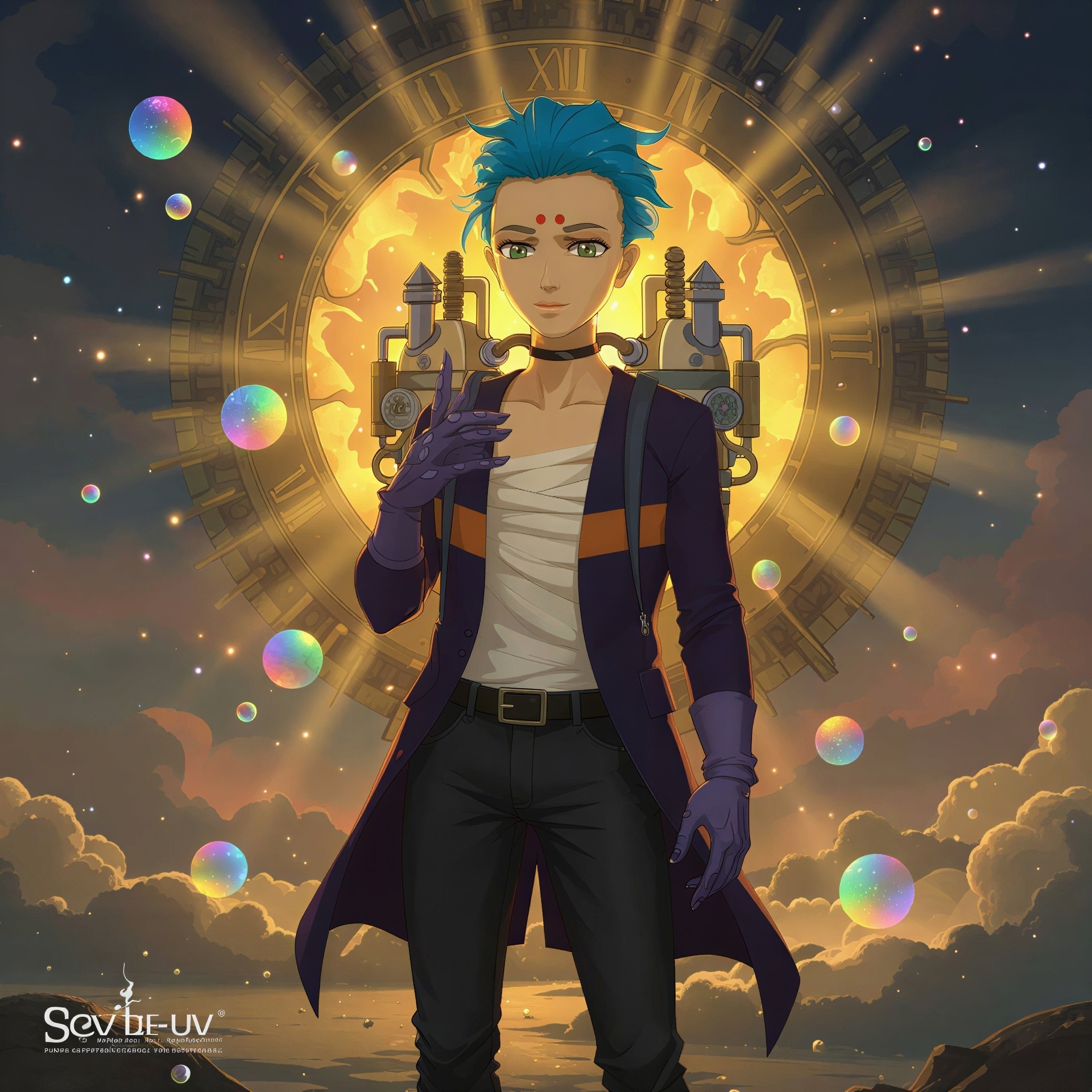 Anime Character Portrait with Spiky Blue Hair and Clock