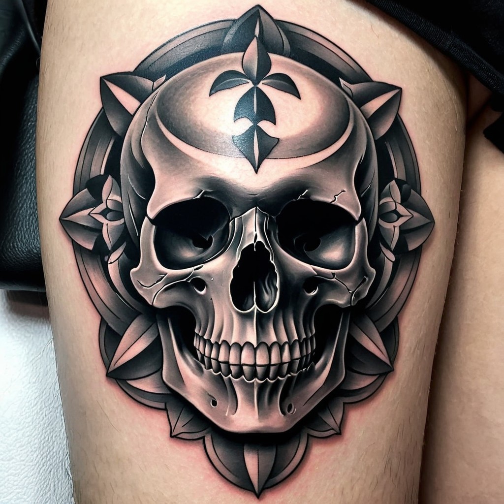 Black and Gray Skull Tattoo with Ornate Circular Design