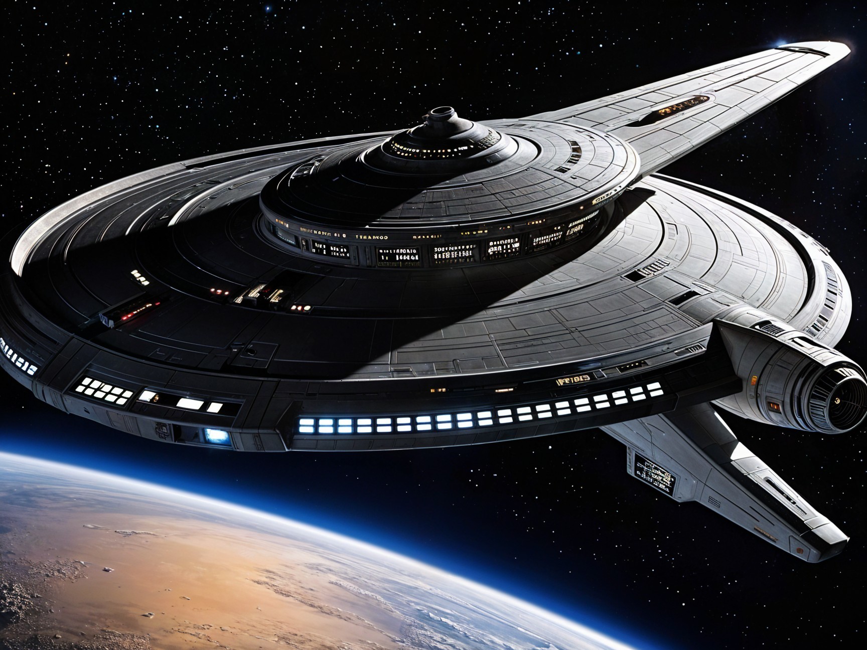 Sleek Starship in Cosmic Space Above Rocky Planet