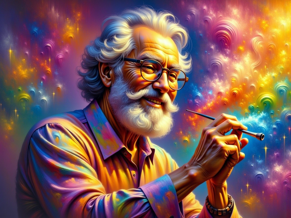 Colorful Digital Painting of Smiling Old Man with Beard